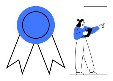 Elinde kocaman mavi bir kurdeleyi gösteren bir pano olan kadın. Başarı, takdir, başarı, motivasyon, liderlik, ödüller, takım çalışması için ideal. Basit bir iniş sayfası için mükemmel.