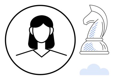 Satranç şövalyesi parçası ve bulut ikonunun yanında daire şeklinde bir kadın avatarı. Liderlik, strateji, karar verme, organizasyon, yenilik, öngörü, kişisel markalaşma için ideal. Düz basit metafor