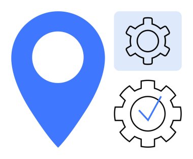 Konfigürasyon ve özelleştirme için vites kutusunun yanındaki mavi konum işaretleyicisi. Navigasyon, coğrafi konum, yazılım kurulumu, görev yönetimi, kullanıcı ayarları, teknoloji hizmetleri, basit iniş sayfası için ideal