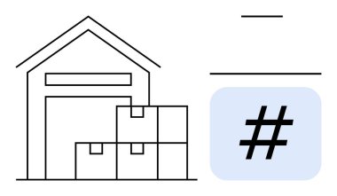 Depo kutuları solda, üstveri etiketi simgesi sağda iz sürme veya dijital etiketleme ile ilgili ipuçları. Lojistik, tedarik zinciri, depolama, e-ticaret, envanter, teknoloji, basit iniş için ideal
