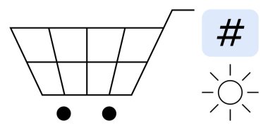 Bir üstveri etiketi ve e-ticareti, sosyal medya eğilimlerini, alışverişi, markalaşmayı, yeniliği, dijital pazarlamayı ve basit bir iniş sayfasını sembolize eden güneş ikonlu minimal alışveriş arabası.