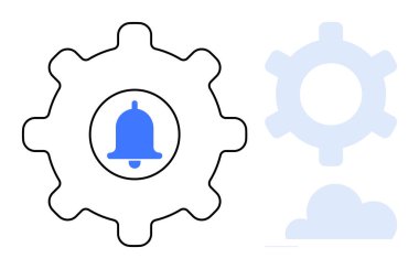 Vites içerisindeki uyarı zili sistem alarm ayarlarını gösteriyor. Şeffaf bulut ve vites şekilleri dijital araçları, teknolojiyi ve bağlantıyı sembolize eder. Otomasyon, bildirim ve sistem için ideal