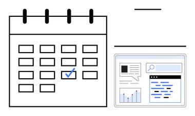 Arama işlevselliği, metin blokları ve çubuk grafiklerinin yer aldığı bir ekranın yanında işaretli bir gün takvimi. Planlama, zamanlama, analitik, zaman yönetimi, verimlilik için ideal