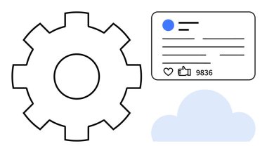 Ayarlar için dişli simgesi, metriklerle sosyal medya etkileşimi kartı ve depolama için bulut simgesi. Teknoloji, veri yönetimi, dijital pazarlama, sosyal ağ, bulut hesaplama, sistem için ideal