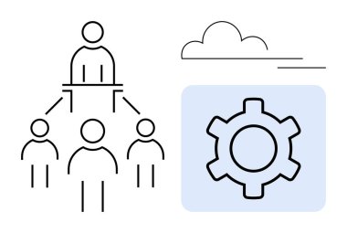 Takım organizasyonu liderleri ve üyeleriyle hiyerarşi, vites ayarları veya verimliliği sembolize ediyor, bağlantı için minimum bulut. Takım çalışması, liderlik, organizasyon, bulut çözümleri için ideal