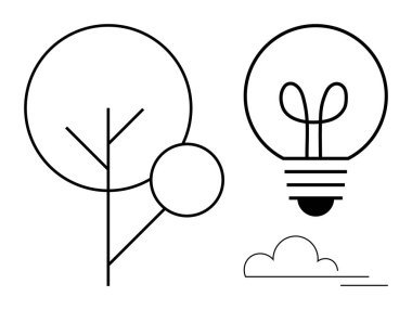 Tarzlı dalları, ampulü ve büyüme, sürdürülebilirlik ve yenilik taşıyan tek bir bulutu olan ağaç. Ekoloji, enerji, yaratıcılık, çevre yeşil çözümler için idealdir.