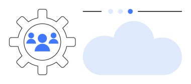 Navigasyon noktaları olan bir bulut grafiğinin yanında takım çalışmasını temsil eden kullanıcı simgelerine sahip dişli tekerlek. Takım çalışması, bulut hesaplama, iş akışı yönetimi, bütünleşme, uzaktan erişim, dijital