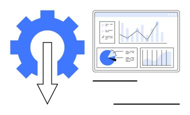 Aşağı doğru ok ile vites, analitik gösterge panelinin yanında grafik ve grafiklerle işlem otomasyonunu sembolize eder. İş için ideal, veri analizi, otomasyon, teknoloji, verimlilik, üretkenlik, basit