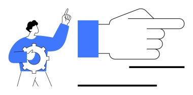 Vites tutan adam yukarı doğru hareket ederken büyük bir el sağ tarafı işaret ediyor. Rehberlik, takım çalışması, süreç yönetimi, karar verme, yön, iş akışı, talimatlar için ideal. Düz basit metafor