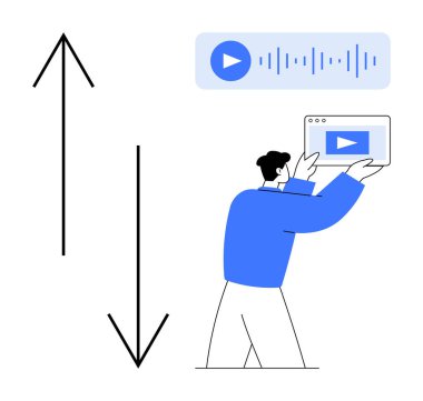 Yanında ses dalgaları eşliğinde dijital bir pencere tutan bir adam. Yukarı ve aşağı oklar yükleme ve indirme seçenekleri öneriyor. İçerik yönetimi, akış, ortam araçları ve dijital için ideal