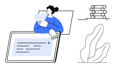 Tabletin yanında kalp şeklinde duran bir kadın metin düzeni gösteriyor. Arka planda birikmiş kitaplar ve basit bitki tasarımı. Kişisel bakım, teknoloji, eğitim, okuma, rahatlama ve dijital içerik için ideal