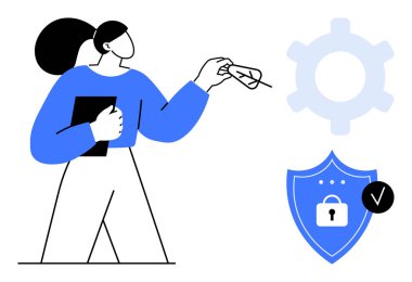 At kuyruklu kadın pano tutuyor, güvenlik kalkanına kilit ve teçhizatla el hareketi yapıyor, güvenlik ve verimliliği gösteriyor. Teknoloji, siber güvenlik, iş akışı, koruma ve yenilik için ideal