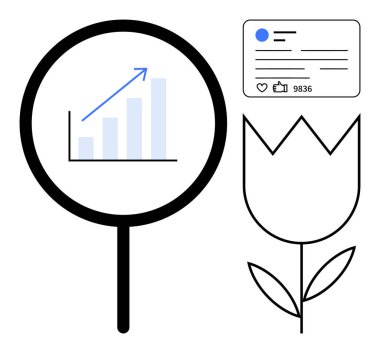Yükselen eğilimli bir bar tablosu, baş parmaklı sosyal medya paylaşımı ve yorum sayımı, lale grafiği. Büyüme, veri analizi, sosyal medya, doğa, pazarlama stratejisi için ideal