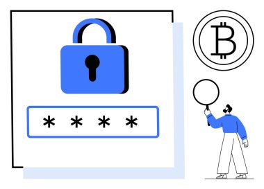 Parola alanı, Bitcoin simgesi ve dairesel bir nesne tutan minimalist kullanıcı figürü ile simgeyi kilitle. Siber güvenlik, engelleme zinciri, finans, şifreleme, veri koruması, kimlik denetimi için ideal
