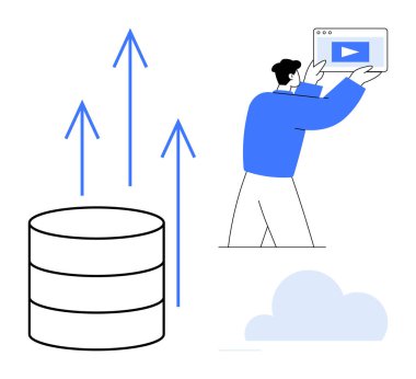 Elinde video oynatıcı olan bir tablet, yukarı ok atan bir veritabanı simgesi ve bulut tutan bir adam. Yenilik, teknoloji, veri yönetimi, dosya paylaşımı, bulut depolama, dijital büyüme basit iniş sayfası için ideal