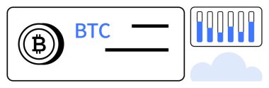Kalın metin olarak BTC ile Bitcoin logosu, mavi röfleli çubukları gösteren veri tablosu, alt köşede bulut. Kripto para birimi, fintech, engelleme zinciri, veri analizi, bulut hesaplama, dijital cüzdan için ideal