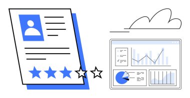 Çizelge ve grafiklerin yer aldığı, analitik gösterge panelinin yanında yıldız değerlendirmesi olan profil inceleme belgesi. Performans değerlendirmesi, veri raporlama, geri bildirim sistemleri, profesyonel değerlendirmeler, ölçümler için ideal