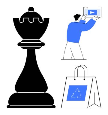 Satranç taşı liderliği temsil eder. Kişinin içerik için dijital ekranla etkileşimi, çevre dostu alışveriş torbası sürdürülebilirliği taşır. Strateji, karar verme, iş ve pazarlama için ideal