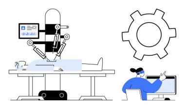 Doktor bilgisayar kullanırken cerrahi robot bir hastayı ameliyat ediyor. Sağlık, yenilik, teknoloji, robotik, tıbbi yapay zeka, ameliyat, basit iniş sayfası için ideal