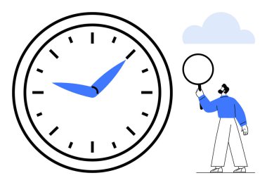 Büyük saat yüzlü, mavi elli, elinde büyüteç tutan biri, küçük bulut. Üretkenlik, zaman yönetimi, çalışma verimliliği, planlama, odaklanma, kişisel büyüme için ideal basit iniş sayfası