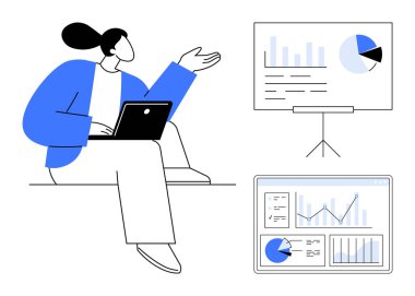 Kadın dizüstü bilgisayarla oturur, yazı tahtasında ve dijital ekranda el kol hareketleri yapar. Analiz, sunum, takım çalışması, strateji, beyin fırtınası, eğitim ve basit bir iniş sayfası için ideal