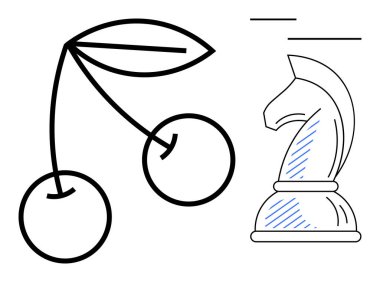 Siyah çizgili kirazlar ve parlak bir satranç taşının yanında yapraklar. Strateji, doğa, ikilik, minimalizm, çok yönlülük, karar verme ve sembolizm temaları için idealdir. Düz basit metafor