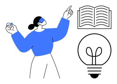 Açık bir kitabın yakınındaki bireysel jest fikirleri ve parlayan ampul, bilgiyi, yeniliği ve ilhamı sembolize eder. Eğitim, öğrenme, yaratıcılık, problem çözme, beyin fırtınası için ideal