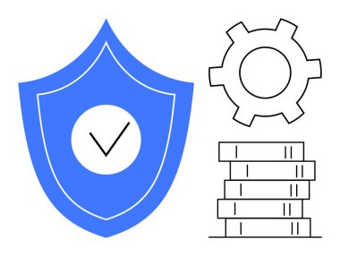 İşaretli kalkan veri güvenliğini simgeler, dişli sistem ayarlarını sembolize eder ve bozuk para yığını da mali durumu simgeler. Siber güvenlik, mali yönetim, teknoloji hizmetleri, sistem optimizasyonu için ideal
