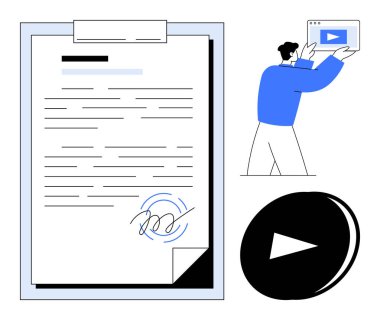 El yazısı imzalı dijital belge, video görüntüleyen kişi tutma aygıtı, oynat düğmesi. E-imza, dersler, dijital iş akışı, ofis görevleri, çevrimiçi hizmetler, uzaktan kumanda
