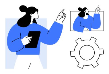 Bir tablet tutan ve yukarı doğru bakan bir kadın, daha küçük etkileşim çerçevesi ve dişli ikonu ile. Takım çalışması, teknoloji, işbirliği, yenilik, sunum, strateji, basit iniş sayfası için ideal