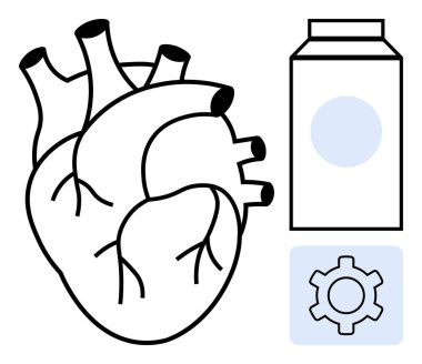 Anatomik kalp, teçhizat ve süt kutusuyla çelişiyor, sağlığın, beslenmenin, sağlığın ve teknolojinin altını çiziyor. Sağlık hizmetleri, tıbbi araştırma, yenilik, biyoteknoloji eğitimi için ideal