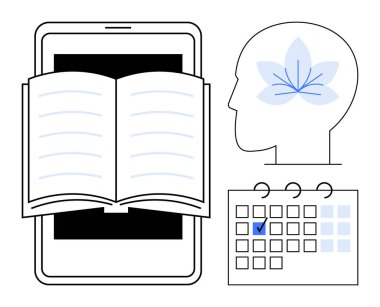 Akıllı telefonu kaplayan açık bir kitap, insan kafasını çiçekle kaplayan farkındalığı sembolize eden, altı çizili tarihli bir takvim. Eğitim, üretkenlik, öz bakım, farkındalık, planlama, teknoloji için ideal