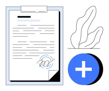 Panoda imzalı belge, soyut bitki taslağı, artı işaretli mavi daire. Sözleşme, anlaşma, toplama, güncelleme, tıbbi form, dijital imza sade iniş sayfası için ideal