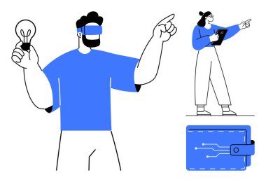 Ampul tutan VR kulaklık takan bir adam tabletle analiz yapan bir kadın ve dijital teknoloji cüzdanı. Teknoloji, VR, finans, yaratıcılık, takım çalışması, yenilik için ideal basit iniş sayfası