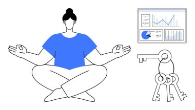 Bacak bacak üstüne atmış meditasyon yapan bir kadın, çizelge ve anahtarlarla gösterge paneli. Farkındalık, üretkenlik, kendini geliştirme, denge, odaklanma, strateji ve basit iniş sayfası için ideal