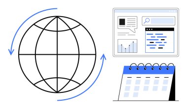 Küresel erişimi sembolize eden oklu dünya, verileri gösteren dijital arayüz ve organizasyon takvimi. Küresel bağlantı, teknoloji, veri analizi, planlama, üretkenlik, İnternet için ideal