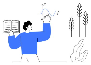 Buğday sapları ve bitkilerle çevrili bir kitapla bireysel çalışma grafiği. Eğitim, veri analizi, tarım, araştırma, sürdürülebilirlik, öğrenim kavramları için ideal, basit iniş sayfası
