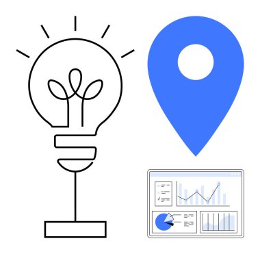 Filizlenen bitki, mavi konum işaretleyicili ampul ve veri grafiği paneli. Yenilik, strateji, sürdürülebilirlik, navigasyon, araştırma, analitik basit iniş sayfası için ideal