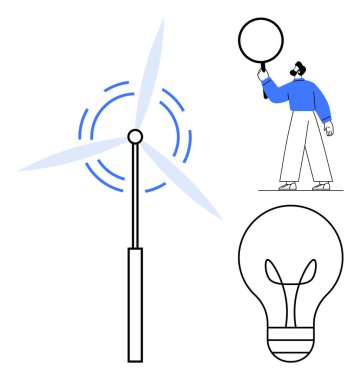 Dönen bıçaklı rüzgar türbini, yeniliği sembolize eden ampul, enerji verimliliğini araştıran büyüteç camlı insan. Yenilenebilir enerji, yenilik, sürdürülebilirlik, temiz enerji için ideal