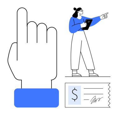 Büyük, işaret eden bir el, elinde bir pano olan bir kadın ve imzalı bir mali makbuz. Dijital iş için ideal, çevrimiçi ödeme, finans büyümesi, analitik, planlama, takım çalışması için basit iniş