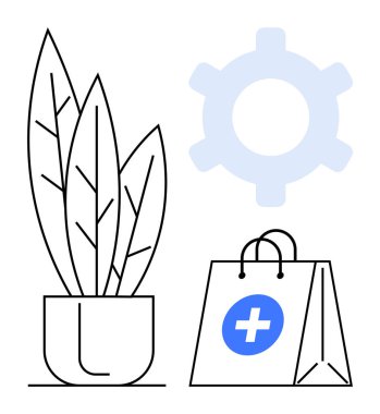 Tencerede basit bir bitki, sağlık damgalı bir alışveriş çantası ve vites sembolü. Sağlık, sağlık, çevre dostu yaşam, sürdürülebilir alışveriş, teknoloji, üretkenlik düz metaforu için ideal