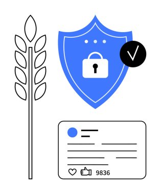 Kilitli ve işaretli kalkanlar, buğday sapı, parmaklı sosyal medya kartı. Siber güvenlik, tarım, sürdürülebilirlik, dijital pazarlama, sosyal medya, veri güvenliği için ideal