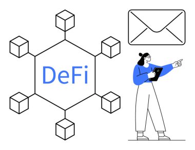 DeFi etiketli blok zinciri bağlantılı altıgenler, elinde tablet tutan ve el kol hareketi yapan profesyonel kadın, posta simgesi. Finans, fintech, engelleme zinciri, teknoloji, dijital ekonomi ve eğitim için ideal