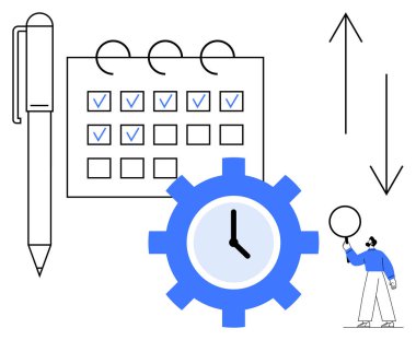 Kalem, işaretli takvim, saati olan dişli dişli, yukarı doğru hareket eden oklar ve küreyi dengeleyen bir kişi. Üretim, zamanlama, planlama ve proje yönetimi büyümesi için ideal
