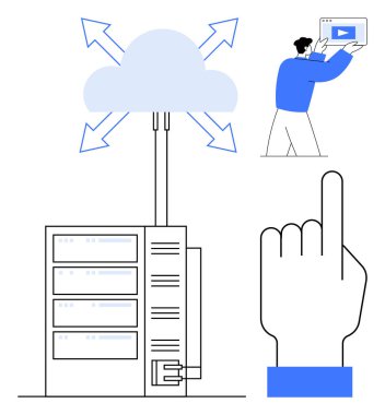 Veri sunucusuna ok ile bağlı bulut veri akışını sembolize eder, kullanıcı video arayüzü ile etkileşir ve el hareketi yapar. Bulut hesaplama, veri depolama, dijital erişim, kullanıcı etkileşimi için ideal