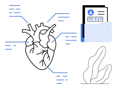 Anatomik kalp çizimi, veri noktaları, tıbbi kayıtlar ve soyut bitki. Sağlık, kardiyoloji, tıbbi araştırma, eğitim, tanı, refah için ideal