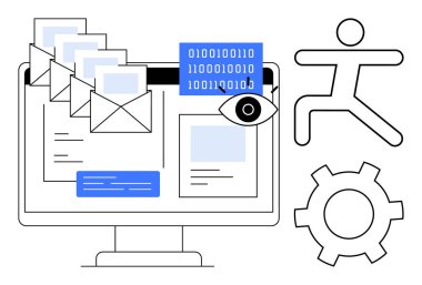 E- posta, kod, göz simgesi, teçhizat ve dijital etkileşimi sembolize eden bir bilgisayar ekranı. Teknoloji, otomasyon, iş akışı, siber güvenlik veri analiz kullanıcısı basit iniş deneyimi için ideal