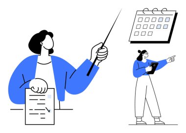 Bir takvim ve listeyi planlayan ve etkileşime geçen iki kişi. Takım çalışması, planlama, proje yönetimi, üretkenlik, zamanlama, organizasyon, basit iniş sayfası için ideal