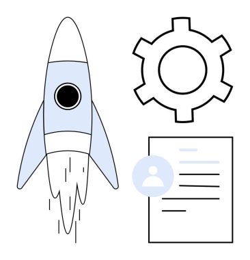 Alevli roket, dişli dişli dişli ve profil formu gelişimi, teknolojiyi ve üretkenliği simgeler. Yenilik, girişim, iş, teknoloji organizasyonu büyümesi için ideal basit iniş sayfası