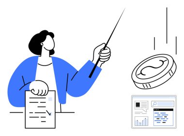 Elinde kontrol işareti olan bir belge tutan kadın, düşen bir madeni parayı ve çevrimiçi bir analitik paneli işaret ediyor. Finans, iş, analitik, yatırım, strateji, eğitim için ideal, basit iniş sayfası